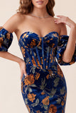 Dark Blue Velvet Corset Printed Mermaid Strapless Maxi Formal Dress with Detachable Puff Sleeves