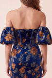 Dark Blue Velvet Corset Printed Mermaid Strapless Maxi Formal Dress with Detachable Puff Sleeves