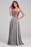 Grey A-Line Strapless Velvet Sequins Maxi Formal Dress with Lace Up Back