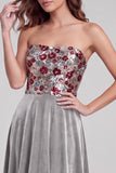 Grey A-Line Strapless Velvet Sequins Maxi Formal Dress with Lace Up Back