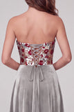 Grey A-Line Strapless Velvet Sequins Maxi Formal Dress with Lace Up Back
