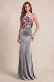 Grey Mermaid Halter Neck Velvet Sequins Long Formal Dress