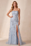 Dusty Blue Sheath Sequins Strapless Side Slit Long Formal Dress with 3D Flower