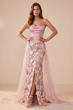 Pink Corset Mermaid Cowl Neck Floral Appliques Satin Maxi Formal Dress with Slit