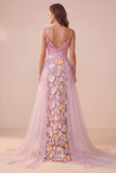 Pink Corset Mermaid Cowl Neck Floral Appliques Satin Maxi Formal Dress with Slit