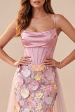 Pink Corset Mermaid Cowl Neck Floral Appliques Satin Maxi Formal Dress with Slit