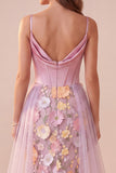 Pink Corset Mermaid Cowl Neck Floral Appliques Satin Maxi Formal Dress with Slit