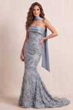 Dusty Blue Mermaid Strapless Fringed Sweep Train Formal Dress