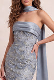 Dusty Blue Mermaid Strapless Fringed Sweep Train Formal Dress