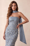Dusty Blue Mermaid Strapless Fringed Sweep Train Formal Dress