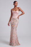 Pink Corset Mermaid Strapless Satin Sequins Embroidered Prom Dress with Pearls