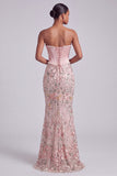 Pink Corset Mermaid Strapless Satin Sequins Embroidered Prom Dress with Pearls