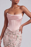Pink Corset Mermaid Strapless Satin Sequins Embroidered Prom Dress with Pearls