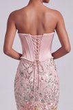 Pink Corset Mermaid Strapless Satin Sequins Embroidered Prom Dress with Pearls