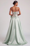 Green Corset A-Line Strapless Satin Appliques Prom Dress with Bow and Slit
