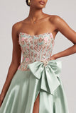 Green Corset A-Line Strapless Satin Appliques Prom Dress with Bow and Slit
