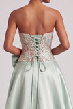 Green Corset A-Line Strapless Satin Appliques Prom Dress with Bow and Slit