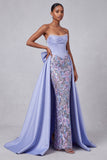Lavender Corset Mermaid Strapless Satin Pearls Sequins Embroidery Prom Dress with Bow