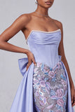 Lavender Corset Mermaid Strapless Satin Pearls Sequins Embroidery Prom Dress with Bow