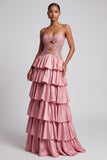Dusty Rose Strapless Cut Out Tiered Ruffled Sequins Long Prom Dress