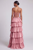 Dusty Rose Strapless Cut Out Tiered Ruffled Sequins Long Prom Dress