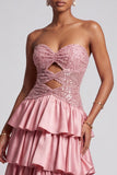 Dusty Rose Strapless Cut Out Tiered Ruffled Sequins Long Prom Dress