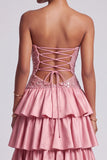 Dusty Rose Strapless Cut Out Tiered Ruffled Sequins Long Prom Dress