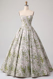 Sage Green Corset Ball Gown Strapless Jacquard Long Prom Dress with Pearls