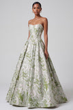 Sage Green Corset Ball Gown Strapless Jacquard Long Prom Dress with Pearls