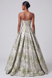 Sage Green Corset Ball Gown Strapless Jacquard Long Prom Dress with Pearls