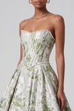 Sage Green Corset Ball Gown Strapless Jacquard Long Prom Dress with Pearls