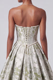 Sage Green Corset Ball Gown Strapless Jacquard Long Prom Dress with Pearls