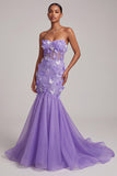 Purple Corset Sheer Mermaid Strapless Long Prom Dress with 3D Butterfly Appliques