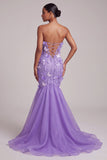 Purple Corset Sheer Mermaid Strapless Long Prom Dress with 3D Butterfly Appliques