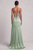 Green Corset Strapless Satin Feather Sequins Long Prom Dress with Side Slit