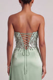 Green Corset Strapless Satin Feather Sequins Long Prom Dress with Side Slit