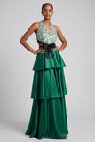 Dark Green A-Line Halter Tiered Ruffled Satin Cut Out Fringed Prom Dress with Bow
