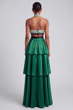 Dark Green A-Line Halter Tiered Ruffled Satin Cut Out Fringed Prom Dress with Bow