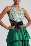 Dark Green A-Line Halter Tiered Ruffled Satin Cut Out Fringed Prom Dress with Bow