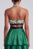Dark Green A-Line Halter Tiered Ruffled Satin Cut Out Fringed Prom Dress with Bow
