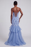 Blue Mermaid Strapless Ruffled Floral Appliques Organza Prom Dress with Bow