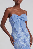 Blue Mermaid Strapless Ruffled Floral Appliques Organza Prom Dress with Bow