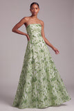 Green A-Line Strapless Sequins Floral Embroidered Prom Dress with Lace Up Back