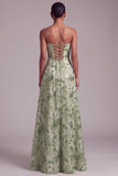 Green A-Line Strapless Sequins Floral Embroidered Prom Dress with Lace Up Back