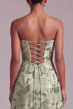 Green A-Line Strapless Sequins Floral Embroidered Prom Dress with Lace Up Back