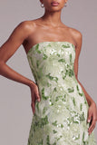 Green A-Line Strapless Sequins Floral Embroidered Prom Dress with Lace Up Back