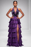 Purple Halter Cut Out Tiered Ruffled Satin Velvet Long Prom Dress with Slit
