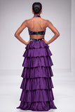 Purple Halter Cut Out Tiered Ruffled Satin Velvet Long Prom Dress with Slit