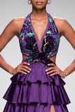 Purple Halter Cut Out Tiered Ruffled Satin Velvet Long Prom Dress with Slit