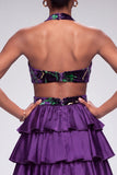 Purple Halter Cut Out Tiered Ruffled Satin Velvet Long Prom Dress with Slit